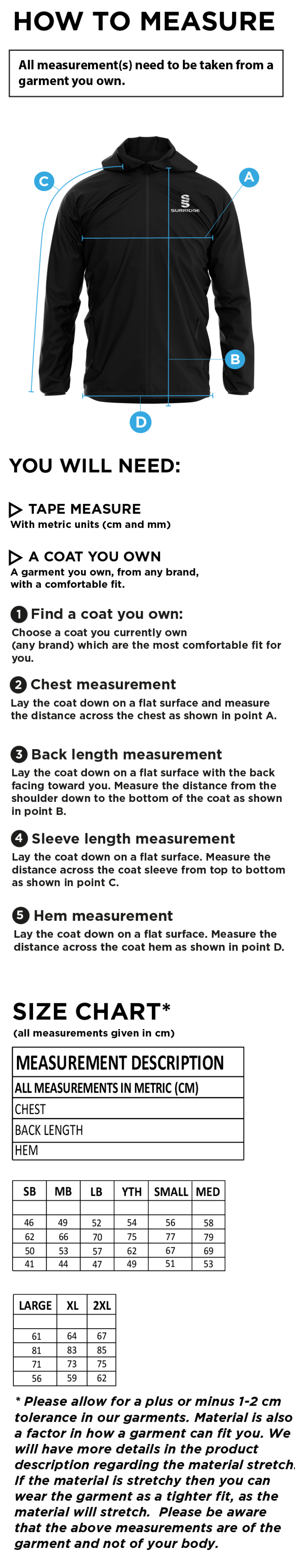 EAST ARDSLEY UTD CC - TRAINING JACKET - Size Guide