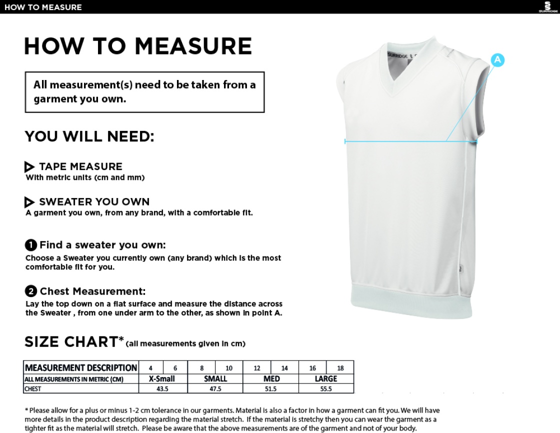 East Ardsley Juniors CC Blast Sleeveless Women's Cricket Sweater - Size Guide