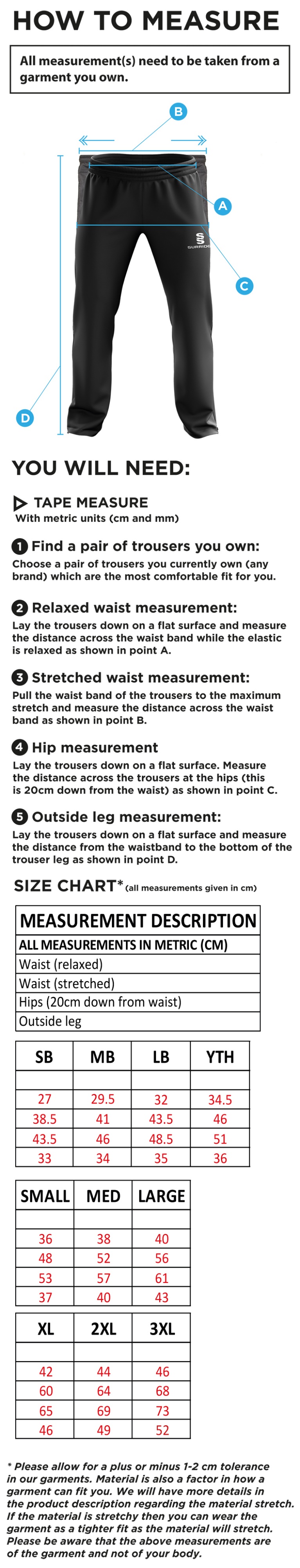 EAST ARDSLEY UTD CC - Ripstop Track Pants - Size Guide