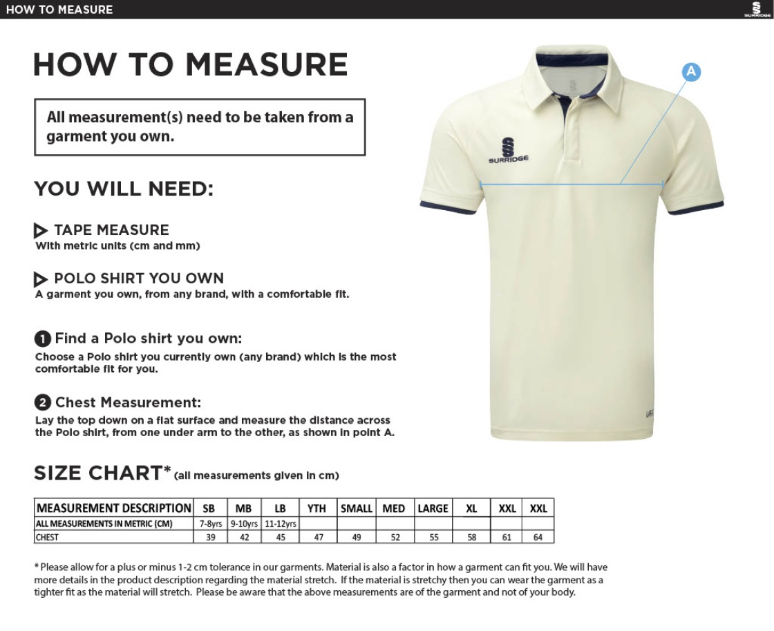 East Ardsley UTD Cricket Club - Seniors Short Sleeve Cricket Shirt - Size Guide