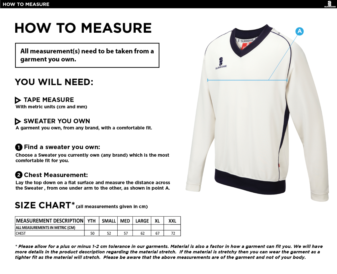 East Ardsley UTD Cricket Club - Juniors Long Sleeve Sweater - Size Guide