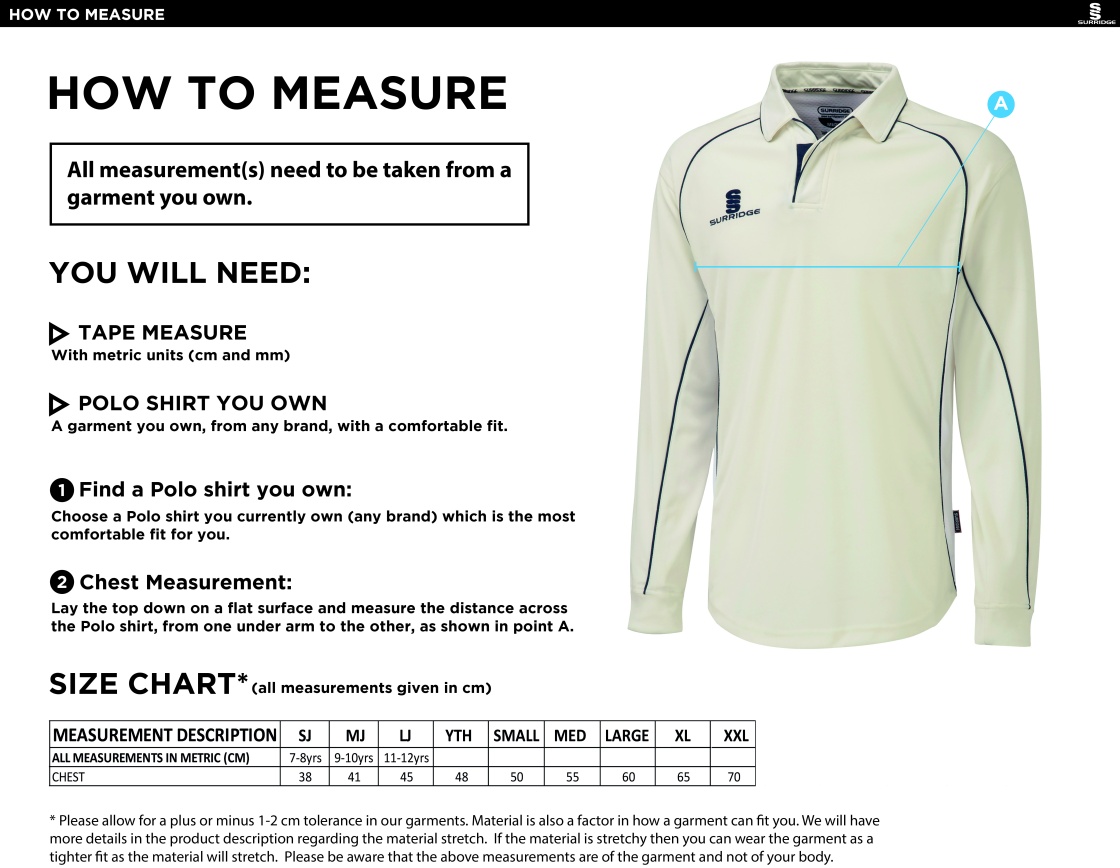 East Ardsley UTD Cricket Club - Seniors Long Sleeve Shirt - Size Guide