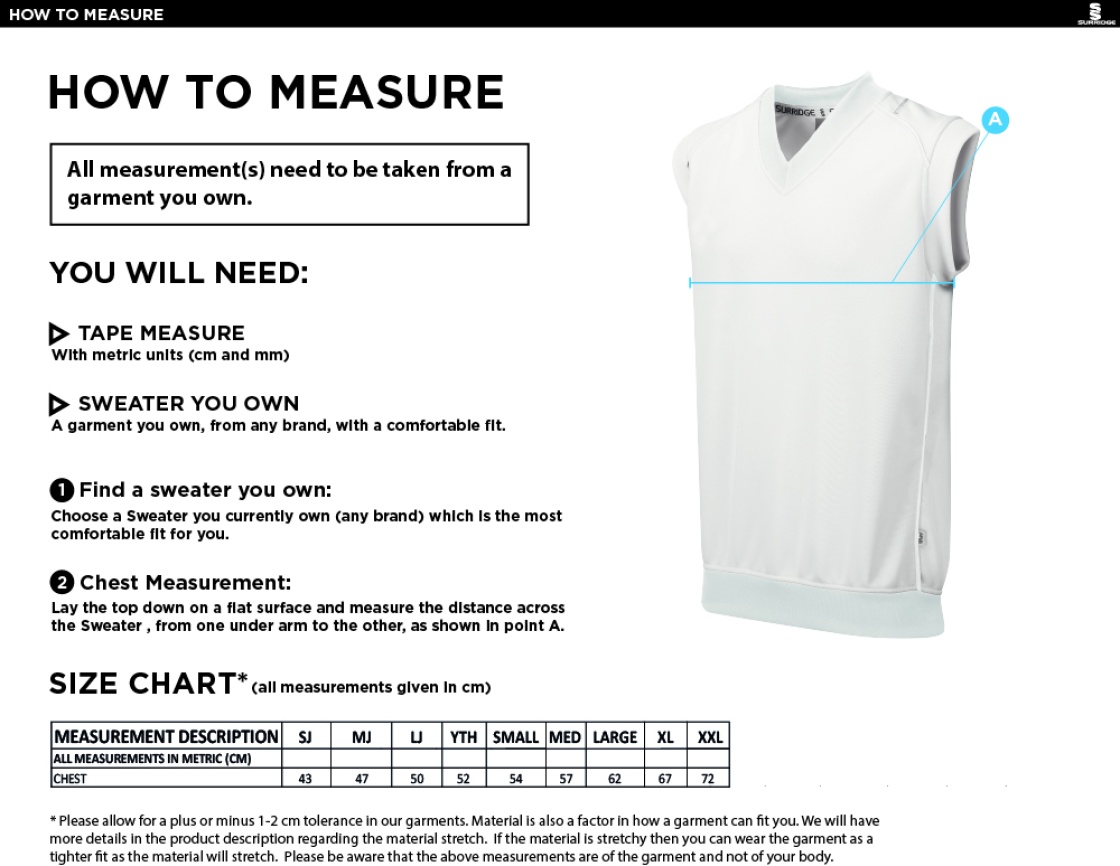 East Ardsley UTD Cricket Club - Seniors Sleeveless Sweater - Size Guide