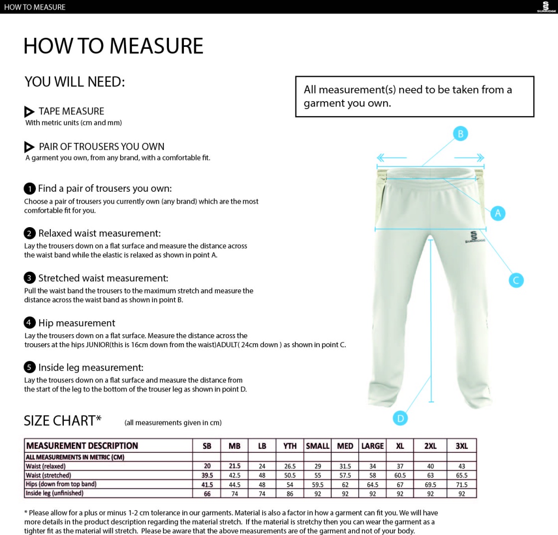 East Ardsley UTD Cricket Club - Pro Playing Pant - Size Guide