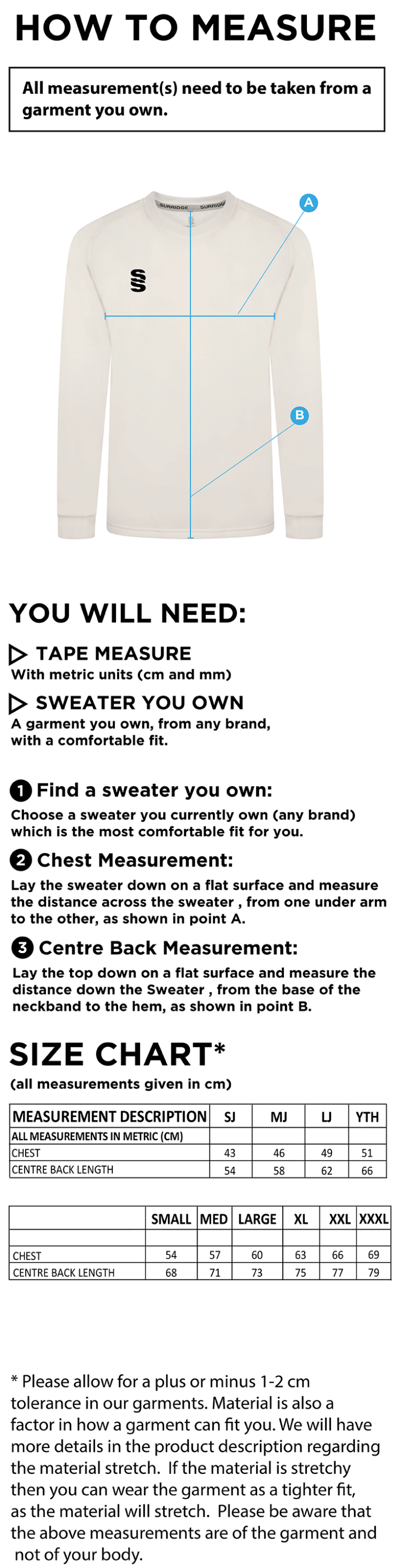 EAST ARDSLEY CC Blast Long Sleeve Cricket Sweater - Size Guide