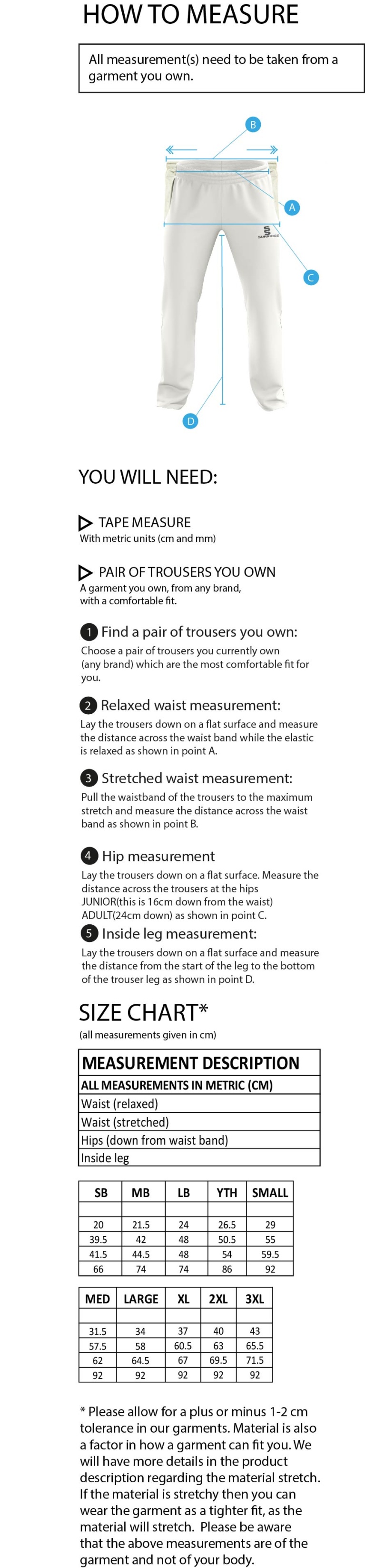 East Ardsley UTD Cricket Club - Pro Playing Pant - Size Guide