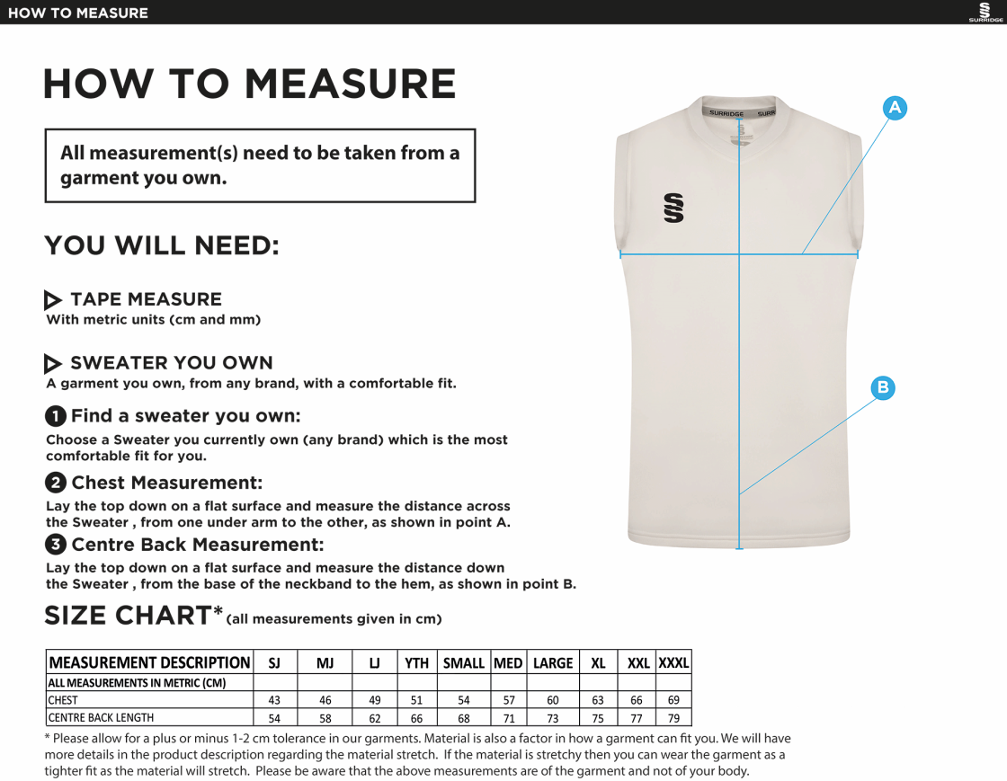 East Ardsley CC Blast Sleeveless Cricket Sweater - Size Guide