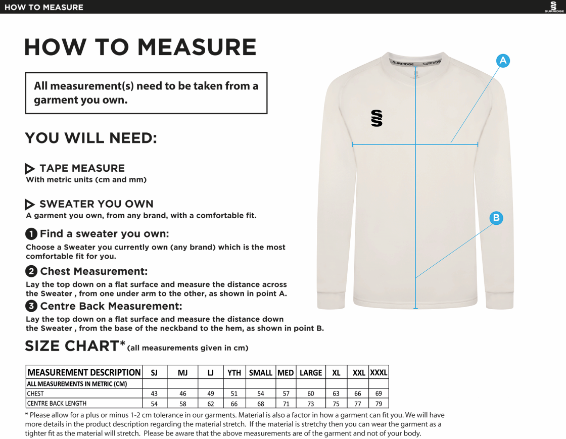 EAST ARDSLEY CC Blast Long Sleeve Cricket Sweater - Size Guide