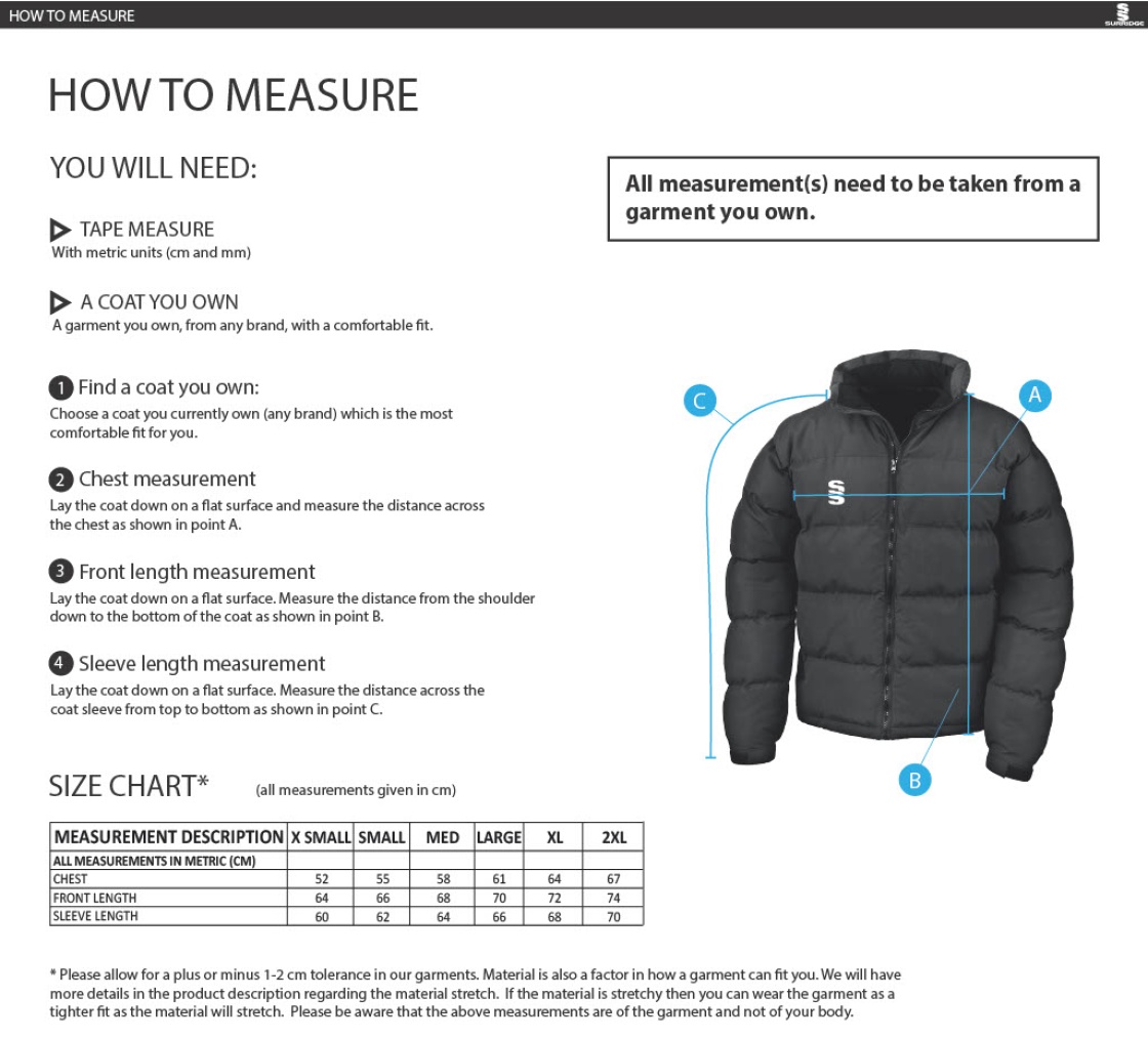 EAST ARDSLEY UTD CC - LADIES PUFFER JACKET - Size Guide