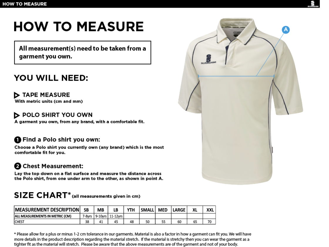 East Ardsley UTD Cricket Club - Seniors Short Sleeve Cricket Shirt - Size Guide