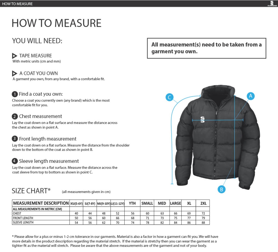 EAST ARDSLEY UTD CC - MEN'S PUFFER JACKET - Size Guide