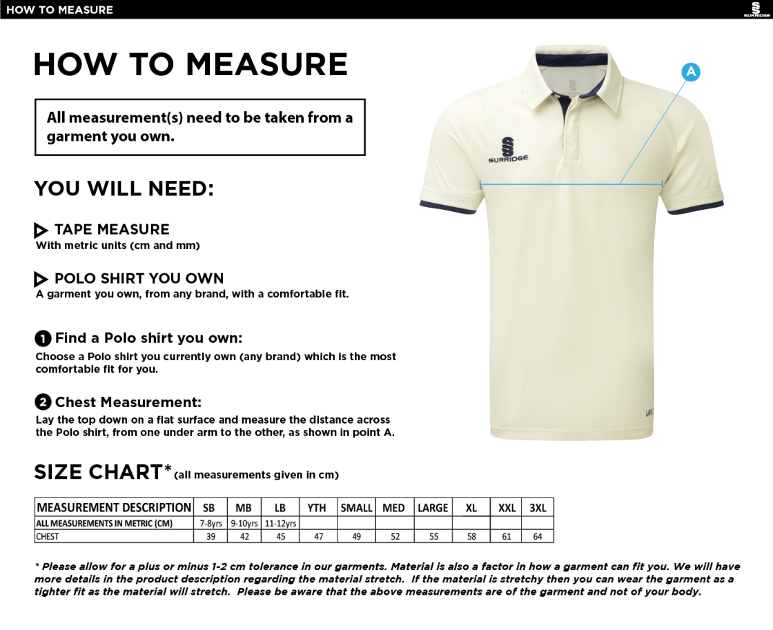 East Ardsley UTD Cricket Club - Juniors Short Sleeve Cricket Shirt - Size Guide