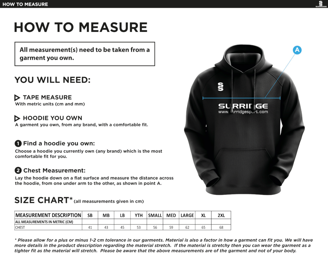 East Ardsley UTD Cricket Club - Blade Hoody - Size Guide