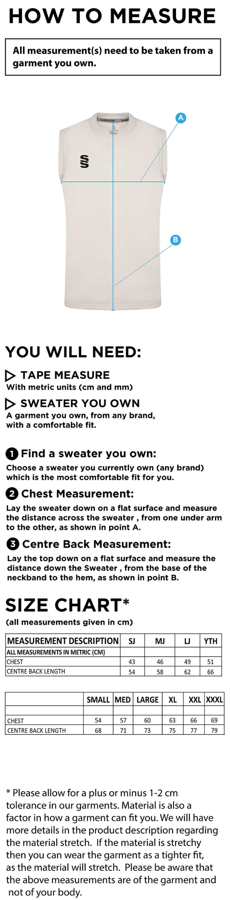 East Ardsley CC Blast Sleeveless Cricket Sweater - Size Guide
