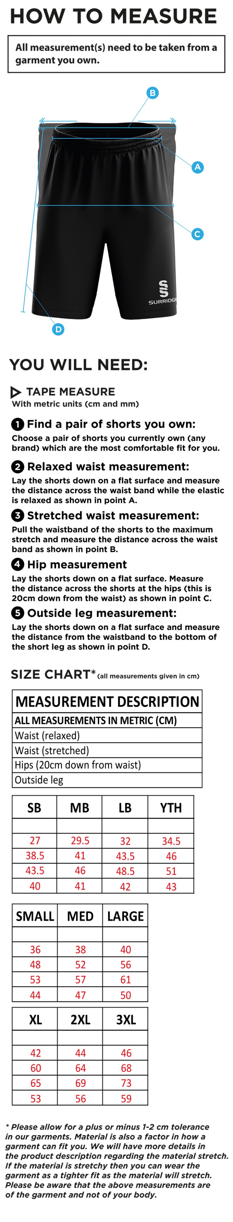 EAST ARDSLEY UTD CC Ripstop Training Short - Size Guide