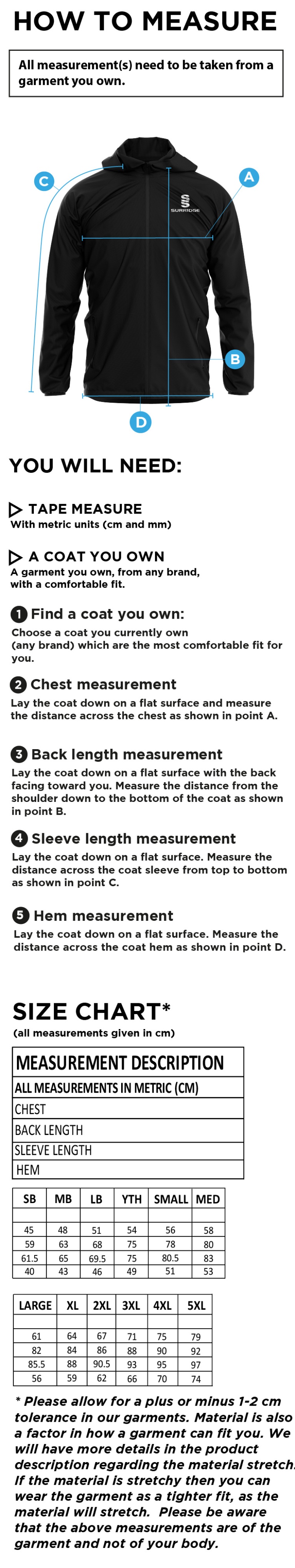 EAST ARDSLEY UTD CC - TRAINING JACKET - Size Guide
