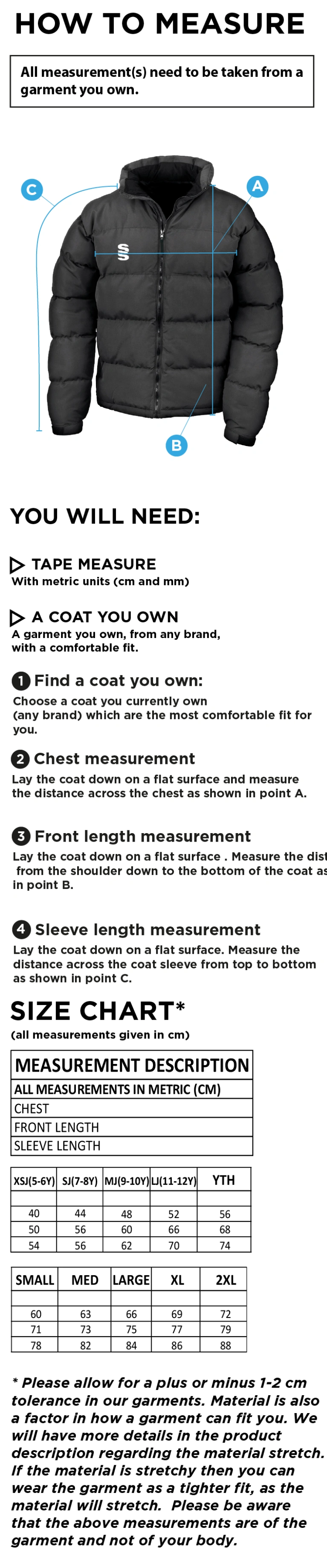 EAST ARDSLEY UTD CC - MEN'S PUFFER JACKET - Size Guide