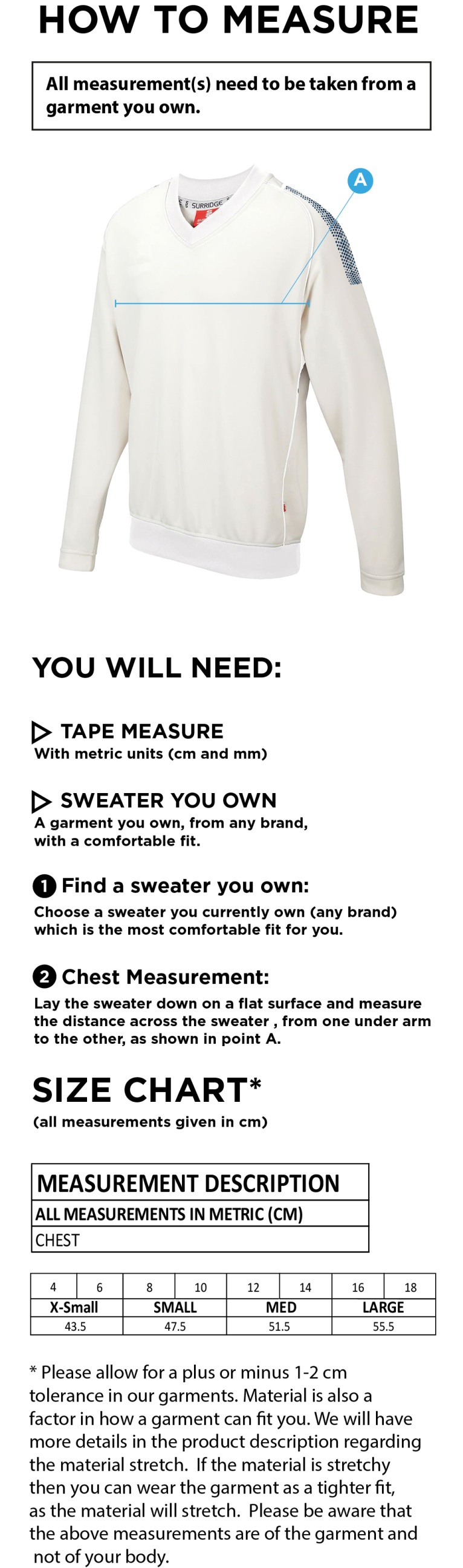 EAST ARDSLEY Blast Long Sleeve Women's Cricket Sweater - Size Guide