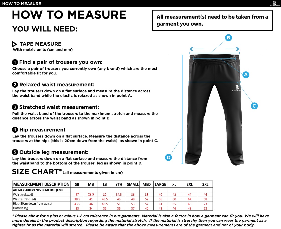 EAST ARDSLEY UTD CC - Ripstop Track Pants - Size Guide