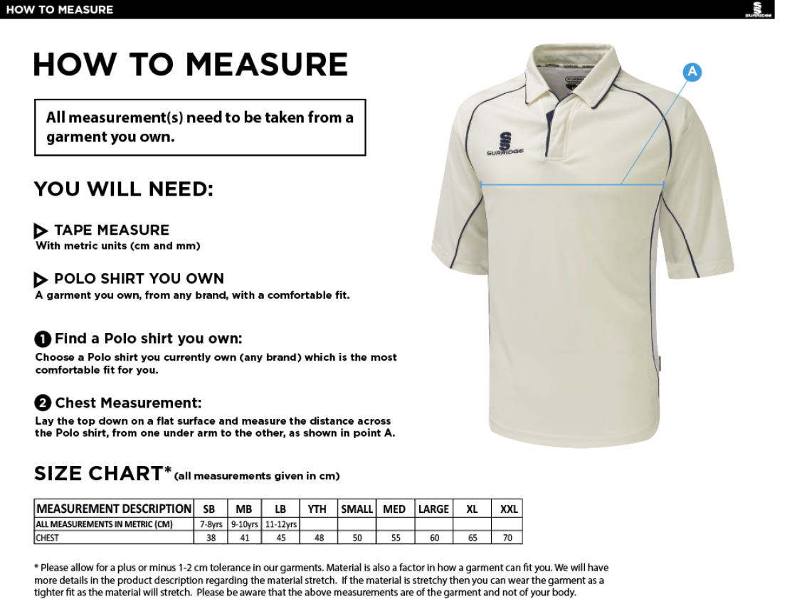 East Ardsley UTD Cricket Club - Seniors Short Sleeve Cricket Shirt - Size Guide