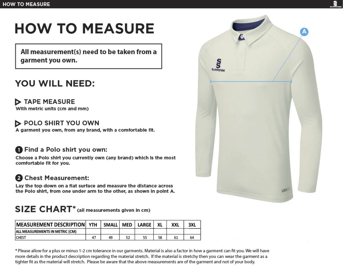 East Ardsley UTD Cricket Club - Seniors Long Sleeve Cricket Shirt - Size Guide