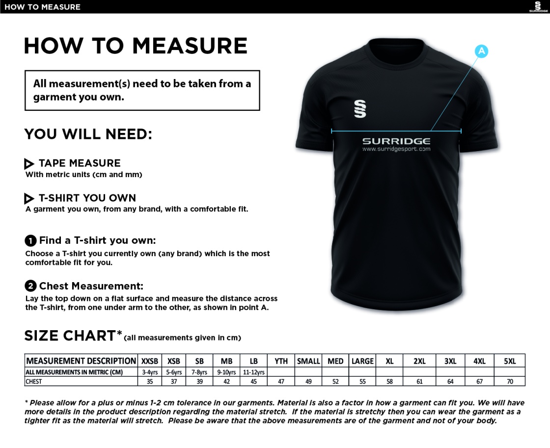 EAST ARDSLEY UTD CC - BLADE TRAINING SHIRT - Size Guide