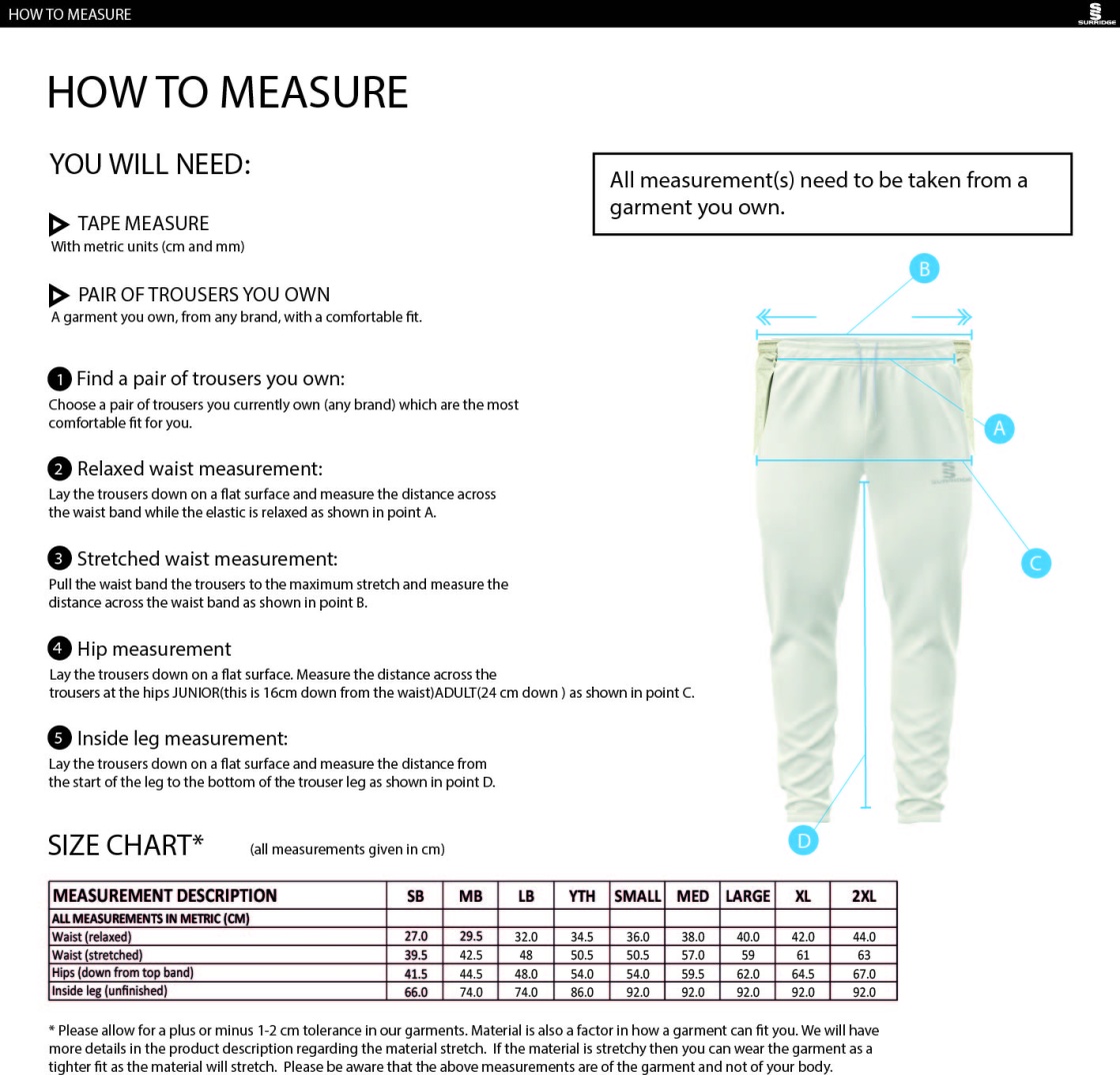 East Ardsley UTD Cricket Club - Playing Pant - Size Guide