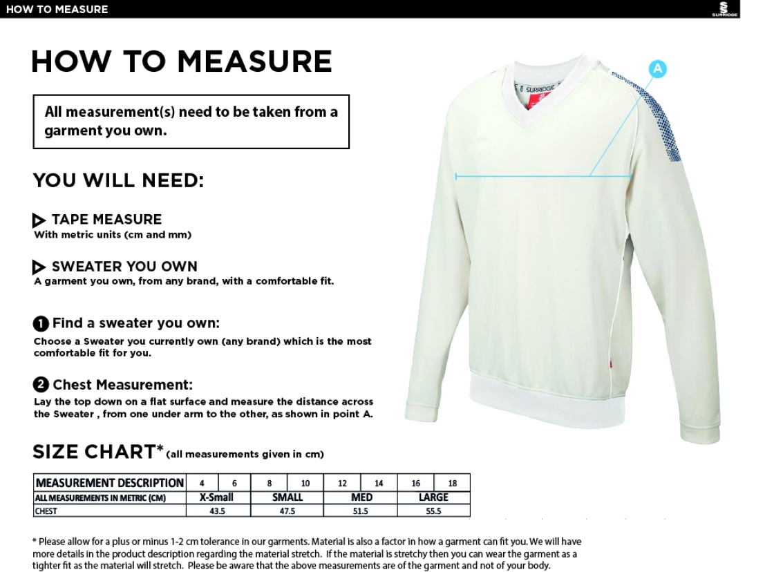 EAST ARDSLEY Blast Long Sleeve Women's Cricket Sweater - Size Guide