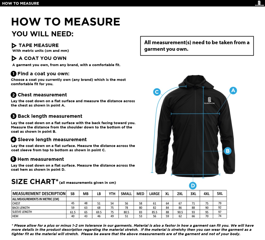EAST ARDSLEY UTD CC - TRAINING JACKET - Size Guide
