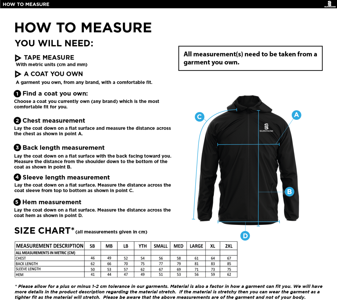 EAST ARDSLEY UTD CC - TRAINING JACKET - Size Guide