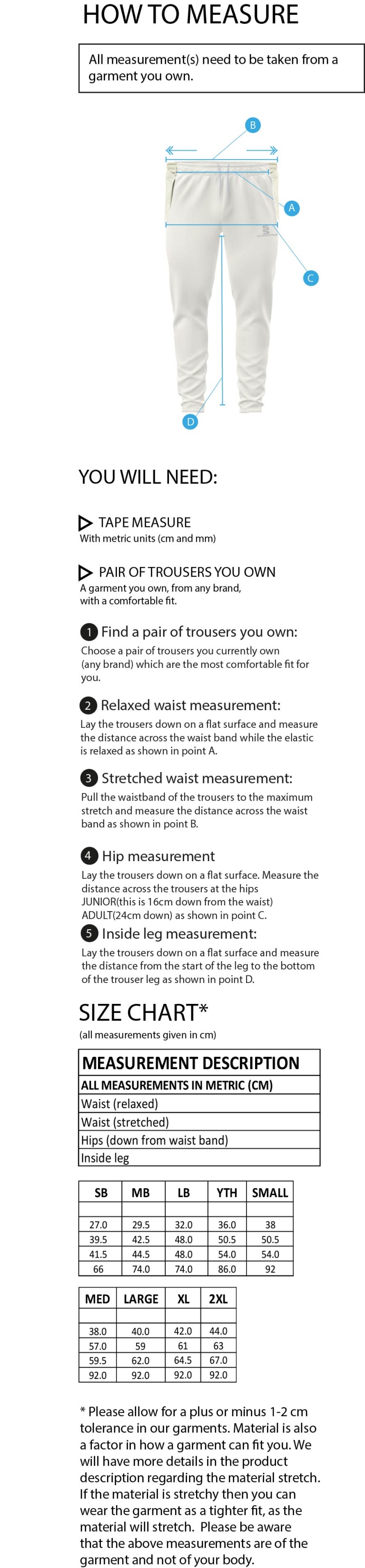 East Ardsley UTD Cricket Club - Playing Pant - Size Guide