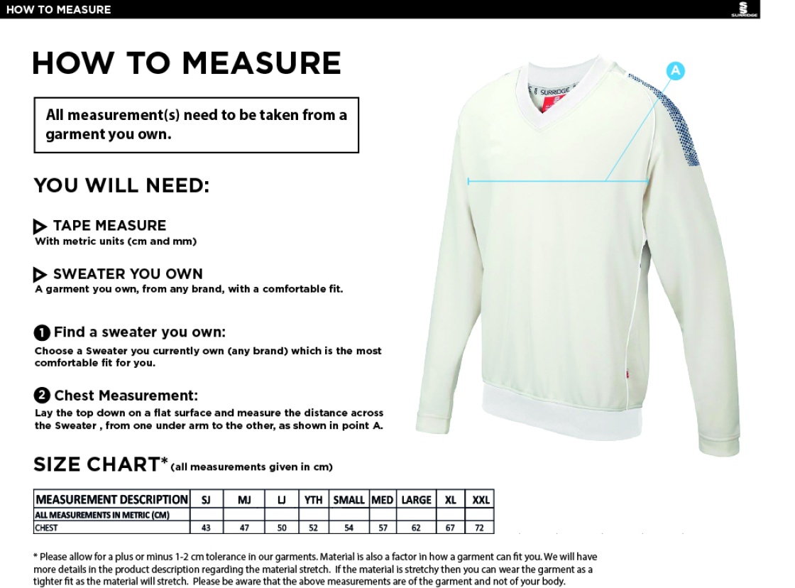 East Ardsley UTD Cricket Club - Seniors Long Sleeve Sweater - Size Guide