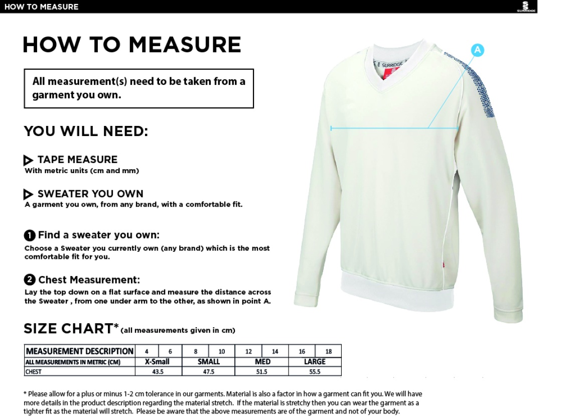 EAST ARDSLEY Blast Long Sleeve Women's Cricket Sweater - Size Guide