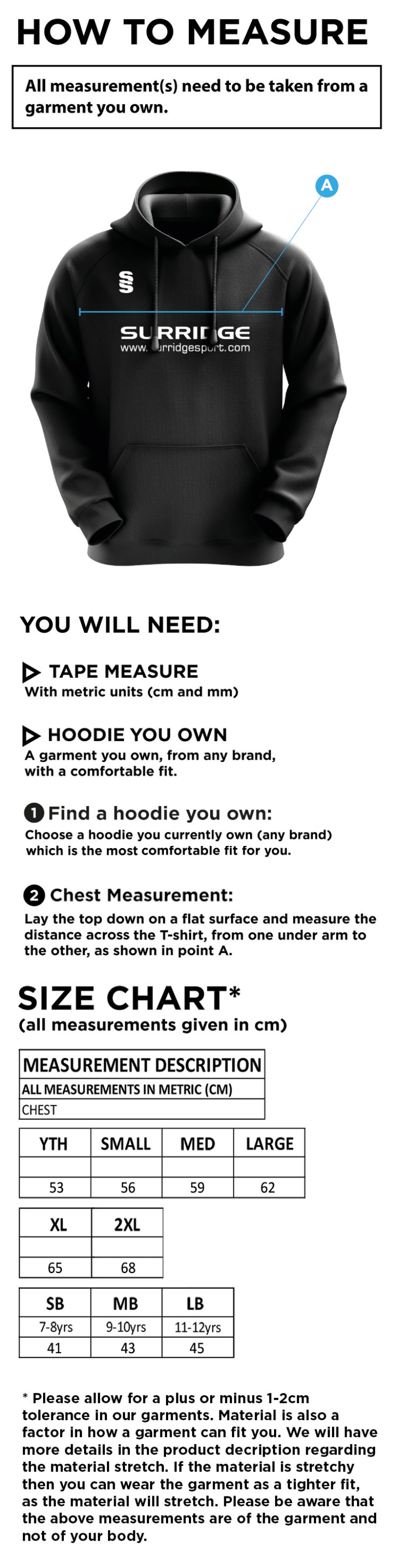 East Ardsley UTD Cricket Club - Blade Hoody - Size Guide