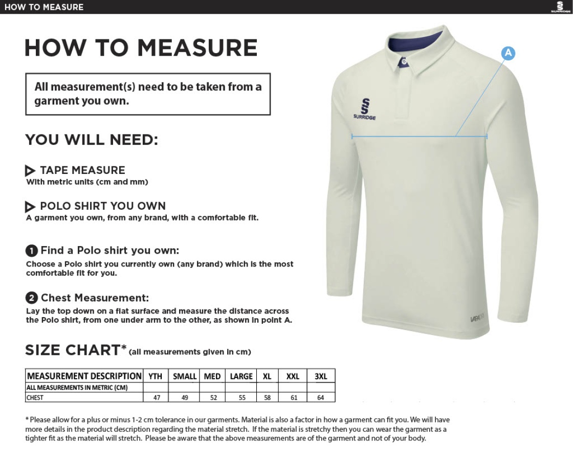 East Ardsley UTD Cricket Club - Junior Tek Long Sleeve Playing Shirt - Size Guide